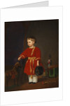 Portrait of a boy in a red dress with military toys by Anonymous