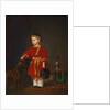 Portrait of a boy in a red dress with military toys by Anonymous