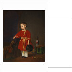 Portrait of a boy in a red dress with military toys by Anonymous