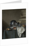 Still Life with a Pewter Jug, a glass of ale, a salt cellar and a bread roll by Anonymous