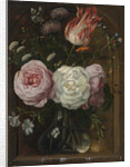 Flower still life with a tulip and roses in a glass vase by Anonymous