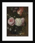 Flower still life with a tulip and roses in a glass vase by Anonymous