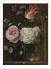Flower still life with a tulip and roses in a glass vase by Anonymous