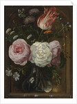 Flower still life with a tulip and roses in a glass vase by Anonymous