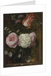 Flower still life with a tulip and roses in a glass vase by Anonymous