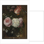 Flower still life with a tulip and roses in a glass vase by Anonymous
