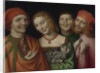 Three men with a woman holding a cat by Anonymous