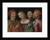 Three men with a woman holding a cat by Anonymous