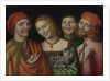 Three men with a woman holding a cat by Anonymous