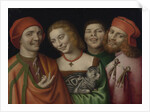 Three men with a woman holding a cat by Anonymous
