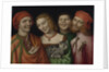 Three men with a woman holding a cat by Anonymous