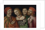 Three men with a woman holding a cat by Anonymous