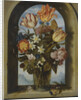 tulips, moss-roses, lily-of-the-valley and other flowers in a glass beaker set in an arched stone wi by Anonymous
