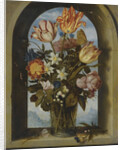 tulips, moss-roses, lily-of-the-valley and other flowers in a glass beaker set in an arched stone wi by Anonymous