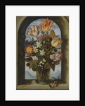 tulips, moss-roses, lily-of-the-valley and other flowers in a glass beaker set in an arched stone wi by Anonymous