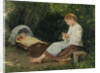 Knitting girl watching the toddler in a craddle by Anonymous