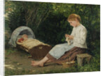 Knitting girl watching the toddler in a craddle by Anonymous