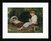 Knitting girl watching the toddler in a craddle by Anonymous
