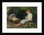 Knitting girl watching the toddler in a craddle by Anonymous