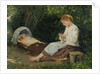 Knitting girl watching the toddler in a craddle by Anonymous