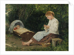 Knitting girl watching the toddler in a craddle by Anonymous