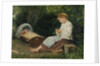 Knitting girl watching the toddler in a craddle by Anonymous