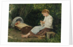 Knitting girl watching the toddler in a craddle by Anonymous