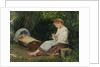 Knitting girl watching the toddler in a craddle by Anonymous