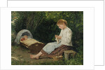 Knitting girl watching the toddler in a craddle by Anonymous
