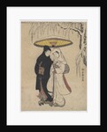 Young Lovers Walking Together under an Umbrella in a Snow Storm by Anonymous