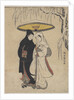 Young Lovers Walking Together under an Umbrella in a Snow Storm by Anonymous
