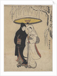 Young Lovers Walking Together under an Umbrella in a Snow Storm by Anonymous