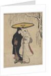 Young Lovers Walking Together under an Umbrella in a Snow Storm by Anonymous