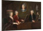 Wolfgang Amadeus Mozart with sister Maria Anna and father Leopold, on the wall a portrait of the dec by Anonymous