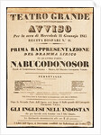 Poster for the opera Nabucco by Giuseppe Verdi in Teatro Grande on 11 January 1843, 1843 by Anonymous