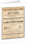 Poster for the opera Nabucco by Giuseppe Verdi in Teatro Grande on 11 January 1843, 1843 by Anonymous
