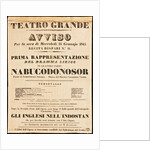 Poster for the opera Nabucco by Giuseppe Verdi in Teatro Grande on 11 January 1843, 1843 by Anonymous