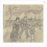 Strolling couple with child on a road in the rain, 1890 by Anonymous