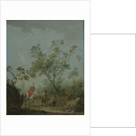 Forest landscape with a lady on horseback, a falconer and a huntsman by Anonymous