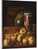 Still life with apples, strawberries, watermelon, box of sweets, jar of honey and barrel, Mid of the by Anonymous