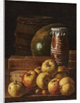 Still life with apples, strawberries, watermelon, box of sweets, jar of honey and barrel, Mid of the by Anonymous