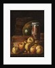 Still life with apples, strawberries, watermelon, box of sweets, jar of honey and barrel, Mid of the by Anonymous