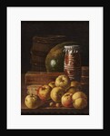 Still life with apples, strawberries, watermelon, box of sweets, jar of honey and barrel, Mid of the by Anonymous