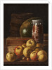 Still life with apples, strawberries, watermelon, box of sweets, jar of honey and barrel, Mid of the by Anonymous