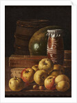 Still life with apples, strawberries, watermelon, box of sweets, jar of honey and barrel, Mid of the by Anonymous