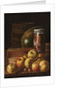 Still life with apples, strawberries, watermelon, box of sweets, jar of honey and barrel, Mid of the by Anonymous