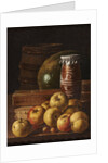 Still life with apples, strawberries, watermelon, box of sweets, jar of honey and barrel, Mid of the by Anonymous