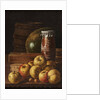 Still life with apples, strawberries, watermelon, box of sweets, jar of honey and barrel, Mid of the by Anonymous