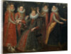 Portrait of five women with a dog and parrot, by Anonymous