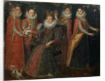 Portrait of five women with a dog and parrot, by Anonymous